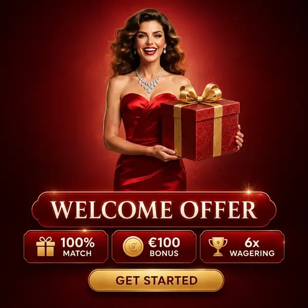Femme élégante présentant la boîte cadeau de l'Offre de Bienvenue Sportive Infinity pour l'inscription aux paris sportifs