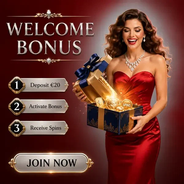 Femme élégante ouvrant une boîte cadeau de bonus de bienvenue chez Infinity Casino après connexion