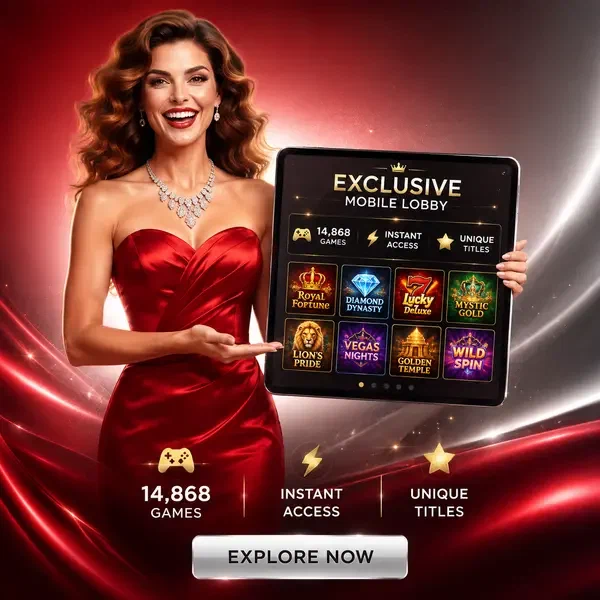 Femme élégante présentant l'application Lobby Mobile de 14 868 Jeux et Titres Exclusifs sur un écran de tablette lumineux