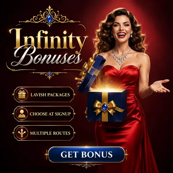 Femme élégante révélant les trésors bonus au hall d'accueil Infinity Bonuses and Promotions